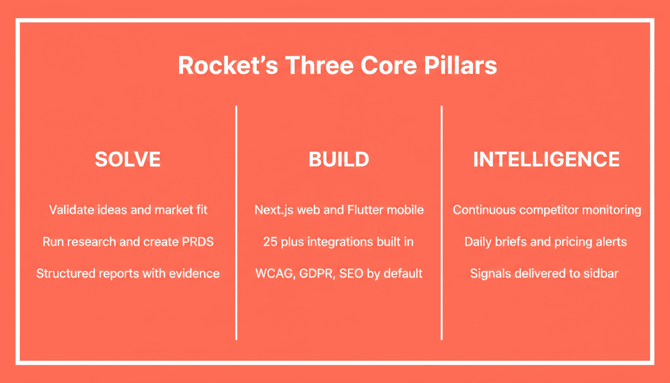 Rocket's Three Core Pillars on a coral orange background: SOLVE for validate ideas, market research, and structured reports; BUILD for Next.js web and Flutter mobile with 25 plus integrations; INTELLIGENCE for continuous competitor monitoring, daily briefs, and pricing alerts