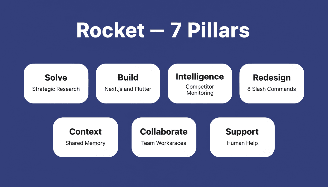 Rocket's seven pillars: Solve for Strategic Research, Build for Next.js and Flutter Apps, Intelligence for Competitor Monitoring, Redesign for 8 Slash Commands, Context for Shared Memory, Collaborate for Team Workspaces, and Support for Human Help — exactly 7 filled tiles in a clean 4+3 grid layout on deep indigo background