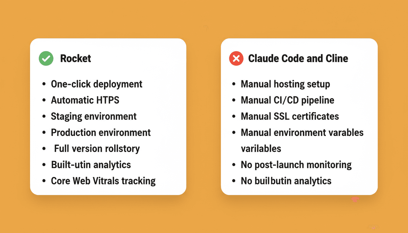 Deployment comparison: Rocket ships with one-click deployment, automatic HTTPS, staging environment, production environment, full version history, one-click rollback, built-in analytics, and Core Web Vitals tracking. Claude Code and Cline require manual hosting setup, manual CI/CD pipeline, manual SSL certificates, manual environment variables, with no post-launch monitoring or built-in analytics.