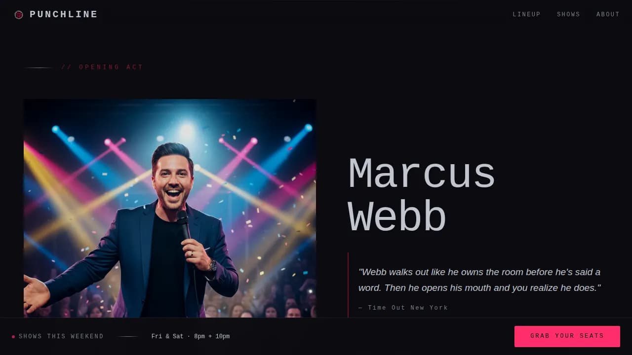 Punchline — Vibrant Comedy Venue Landing Page Template