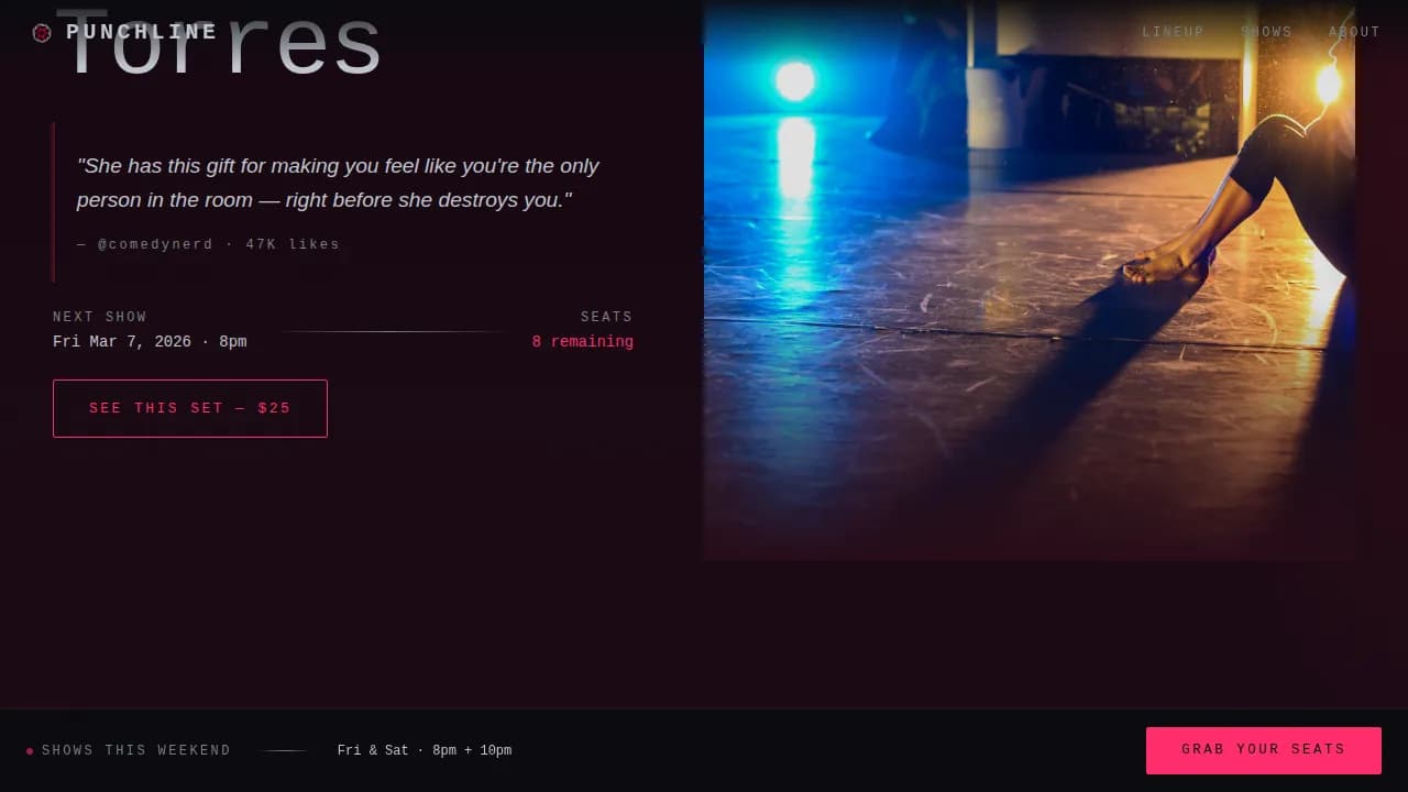 Punchline — Vibrant Comedy Venue Landing Page Template