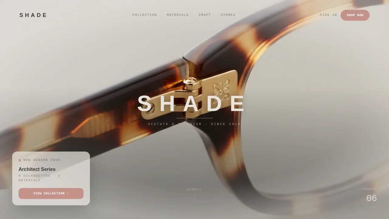Shade — Minimalist Eyewear Brand Landing Page Template