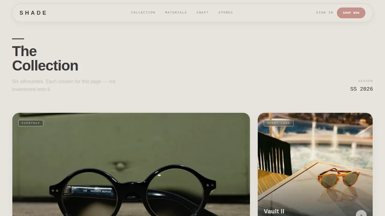 Shade — Minimalist Eyewear Brand Landing Page Template