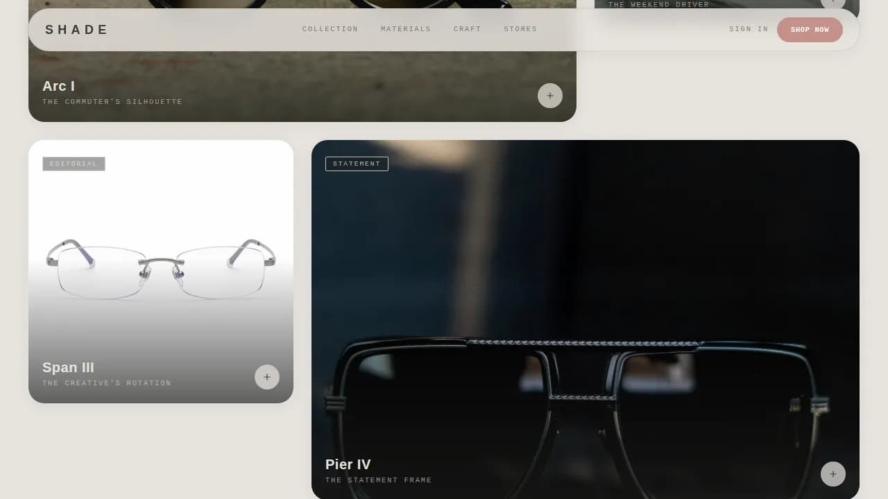Shade — Minimalist Eyewear Brand Landing Page Template