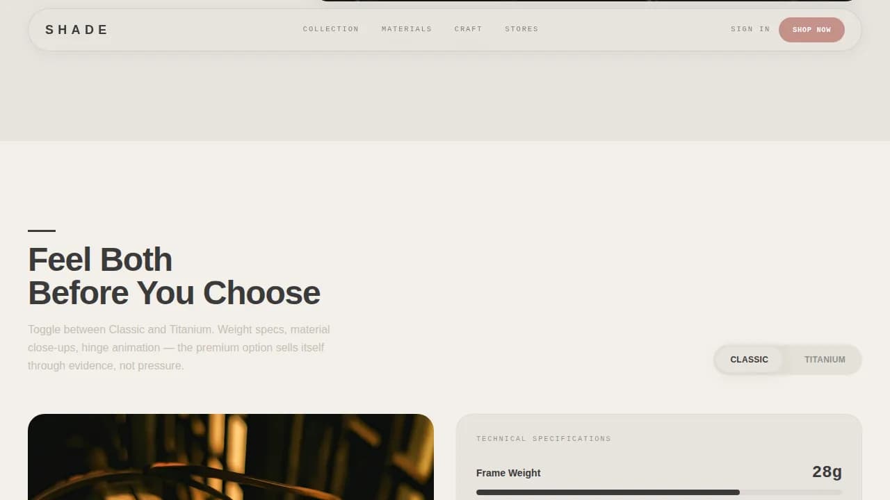 Shade — Minimalist Eyewear Brand Landing Page Template