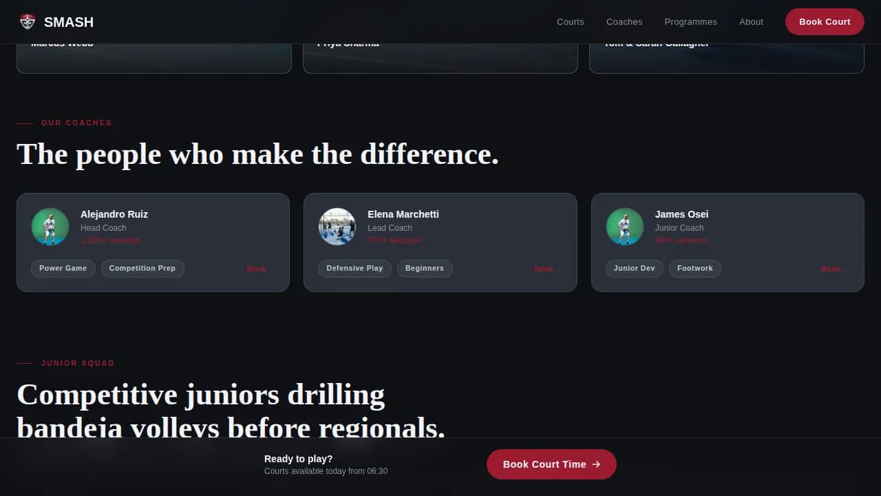 Smash — Dynamic Padel Booking Landing Page Template