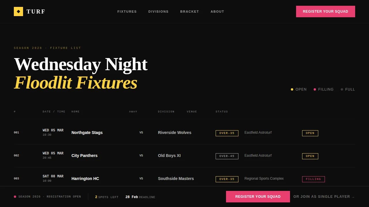 Turf — Competitive Field Sports League Landing Page Template