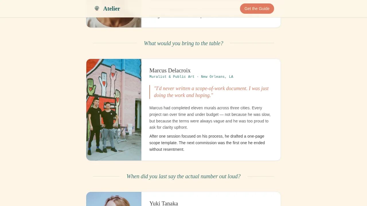Atelier — Warm Artist Advisory Landing Page Template