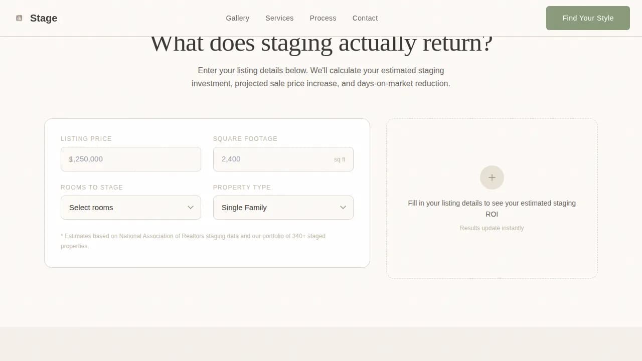 Home Staging & Decor Cost Estimator Website Template