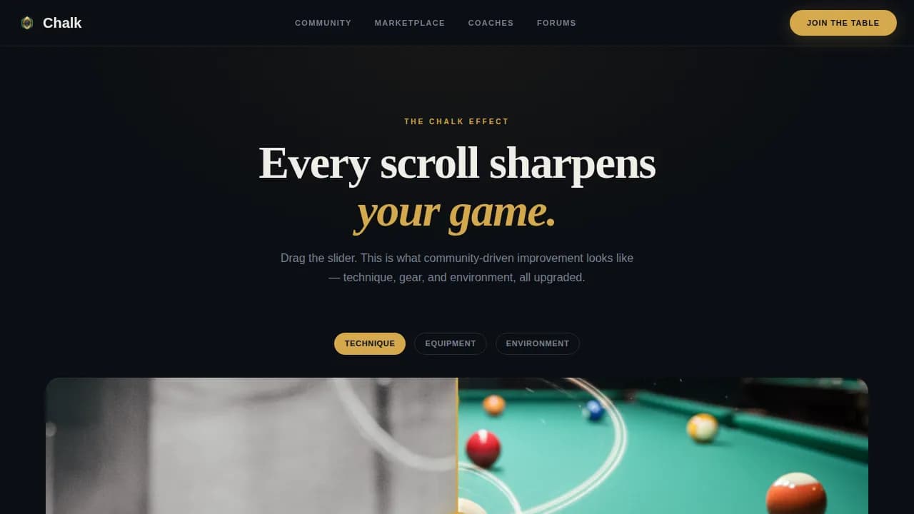 Chalk — Competitive Billiards Community Landing Page Template