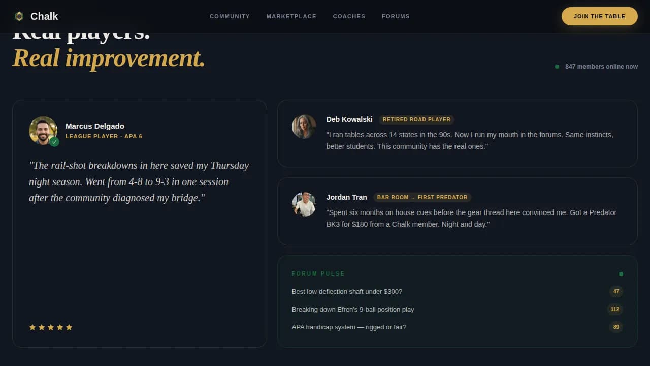 Chalk — Competitive Billiards Community Landing Page Template