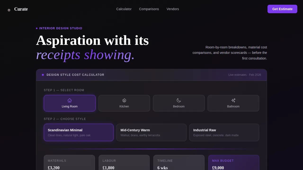 Interior Design Studio Cost Calculator Website Template
