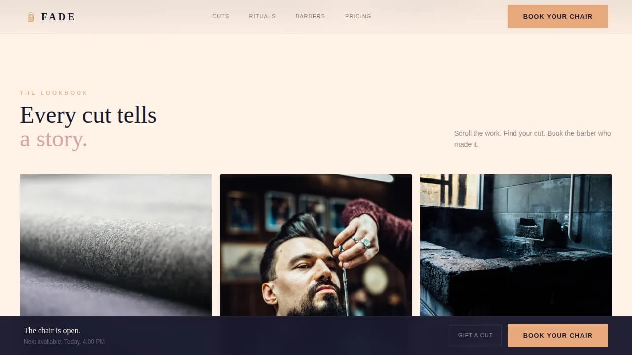 Fade — Premium Men Grooming Salon Landing Page Template