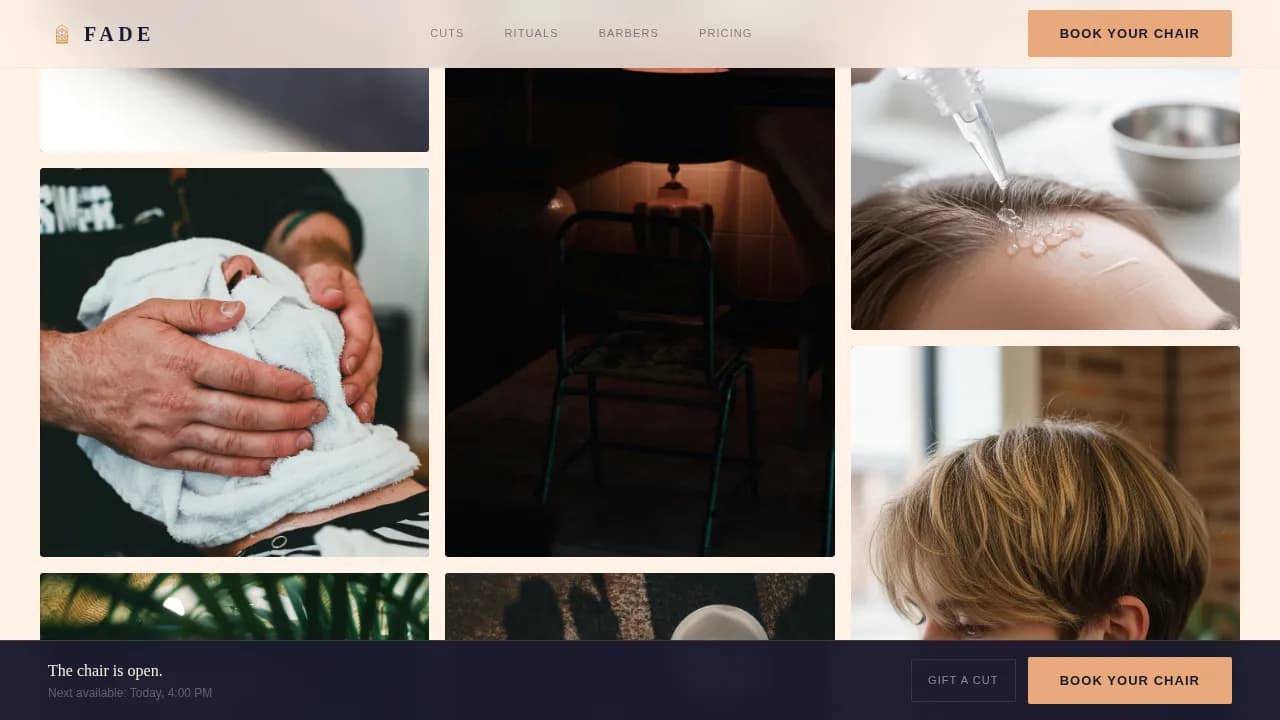 Fade — Premium Men Grooming Salon Landing Page Template