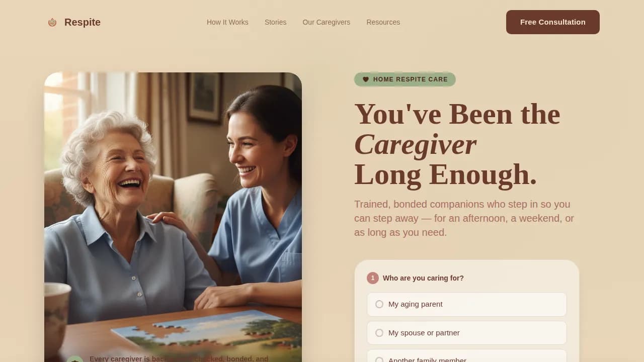 Respite — Compassionate Caregiver Relief Landing Page Template