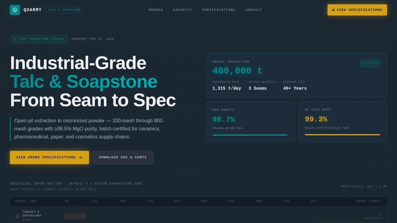 Quarry — Industrial Talc Mining Landing Page Template