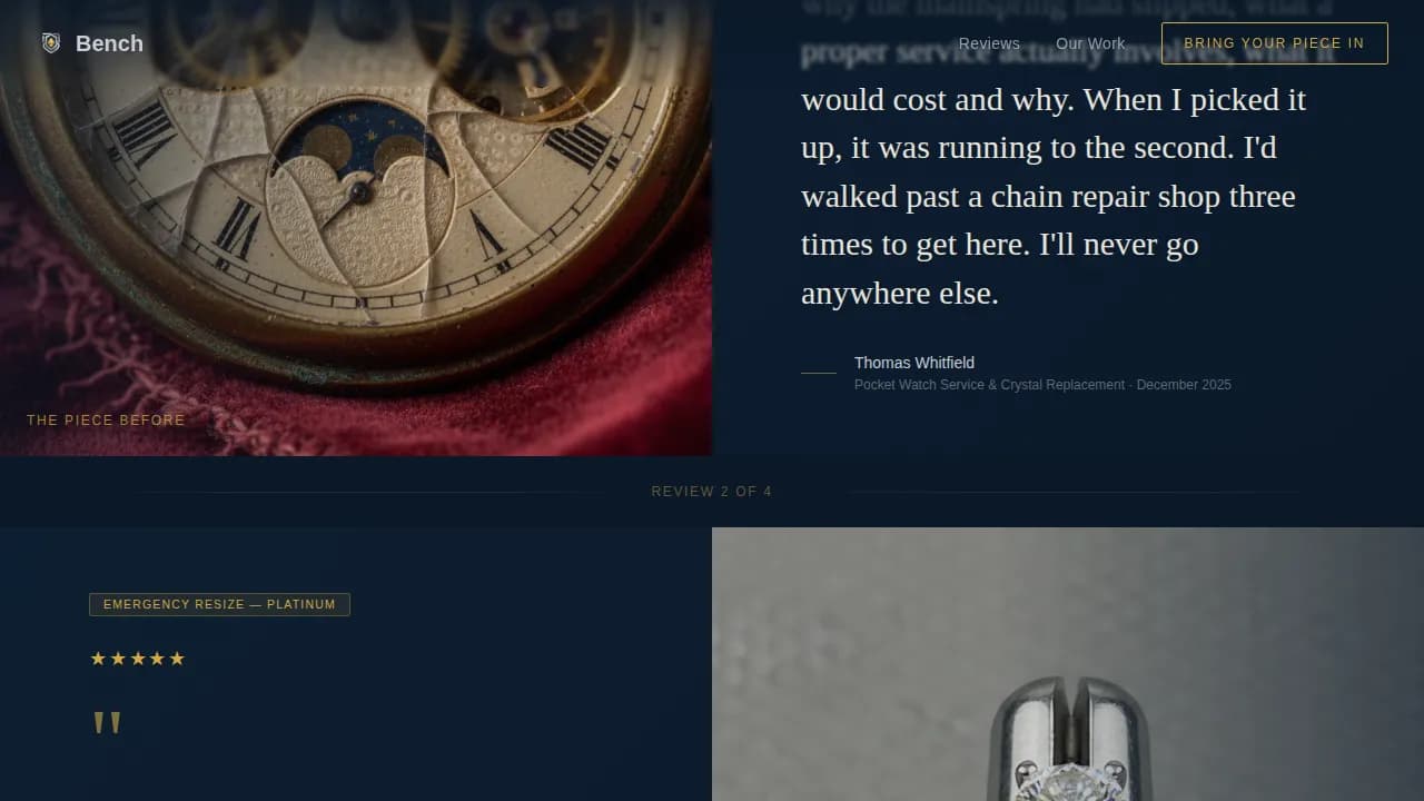 Jeweler & Bench Worker Business Reviews & Social Proof Website Template