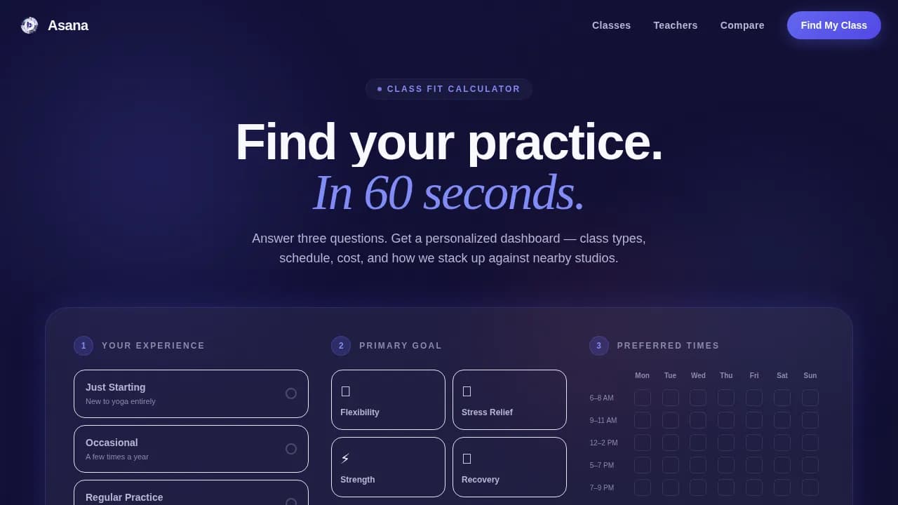 Yoga Studio Class Finder & Membership Comparison Website Template