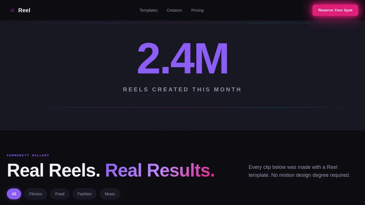 Reel — Viral Content Platform Landing Page Template