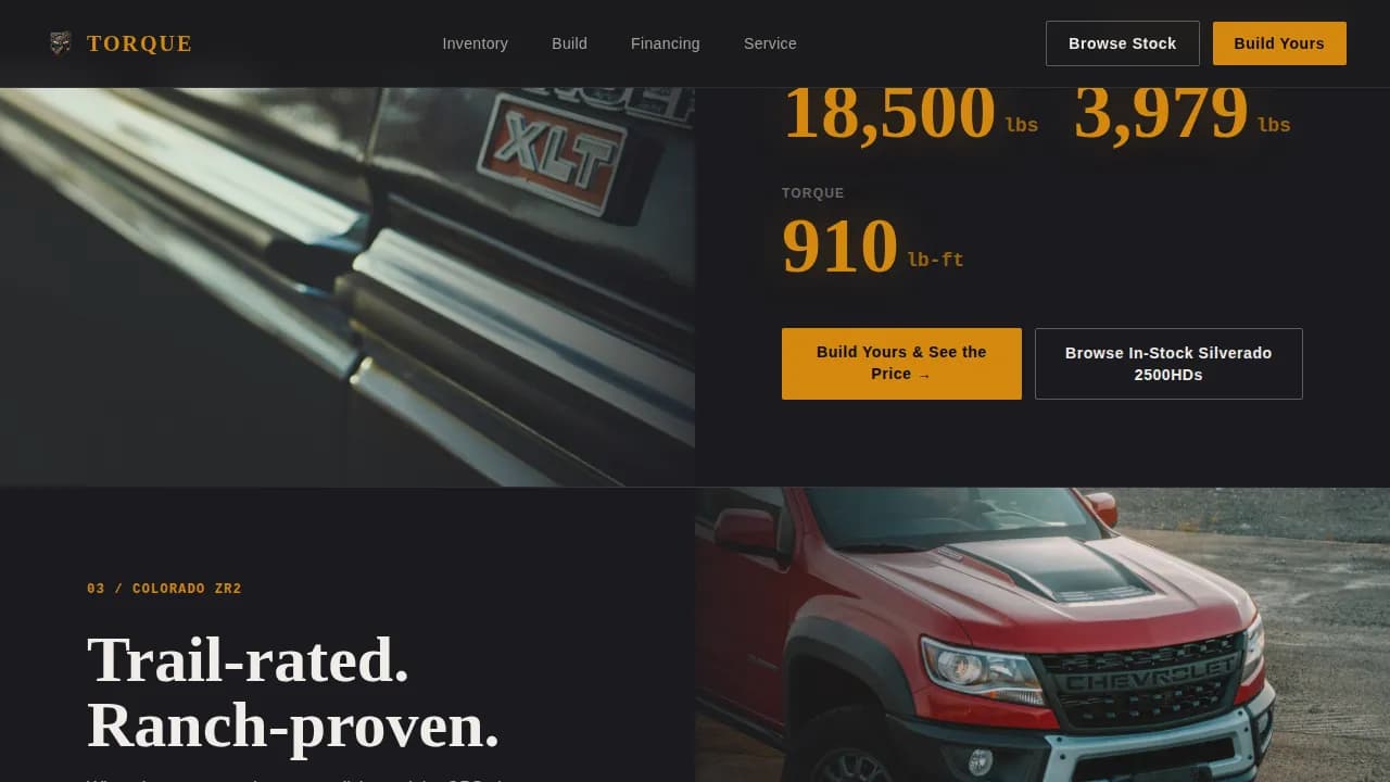 Torque - Immersive Truck Dealership Landing Page Template