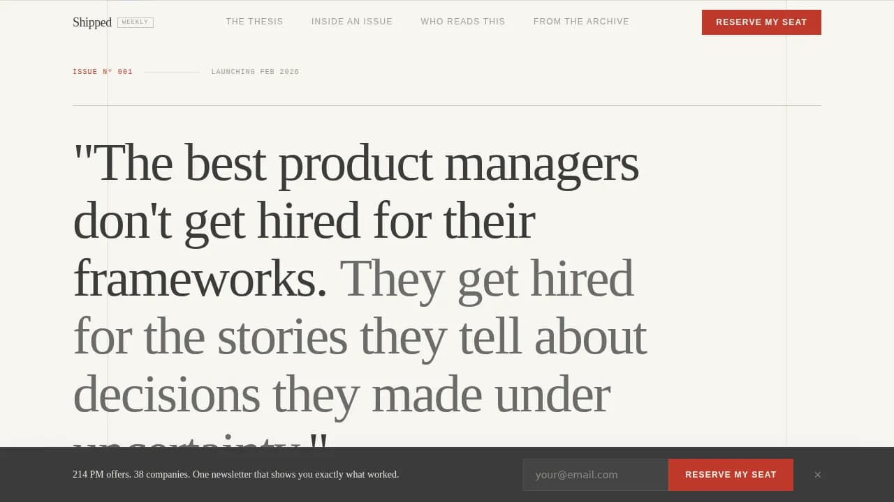Shipped - Editorial PM Interview Newsletter Landing Page Template