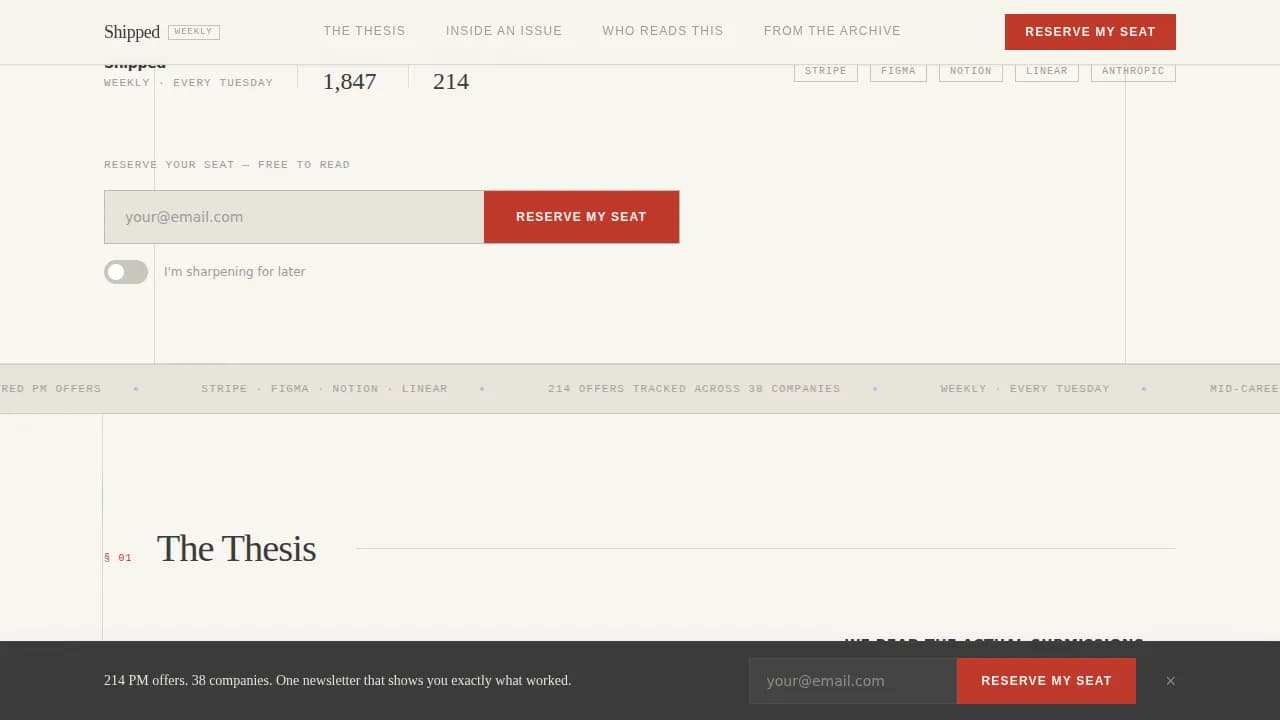 Shipped - Editorial PM Interview Newsletter Landing Page Template