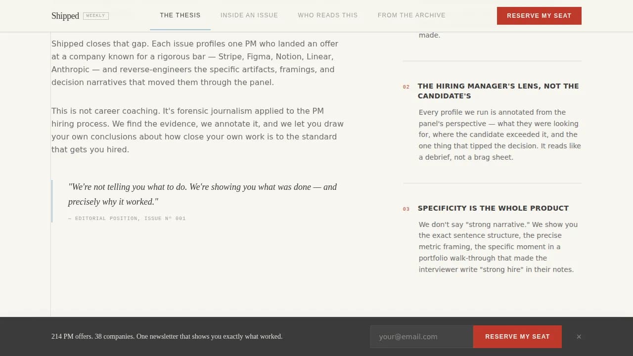 Shipped - Editorial PM Interview Newsletter Landing Page Template