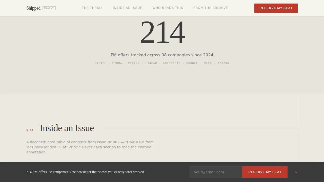 Shipped - Editorial PM Interview Newsletter Landing Page Template