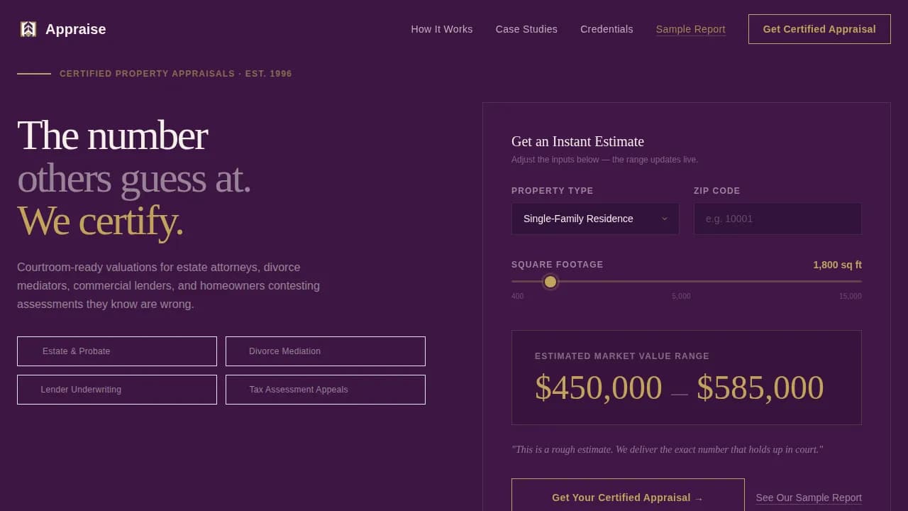 Appraise — Certified Property Valuation Landing Page Template