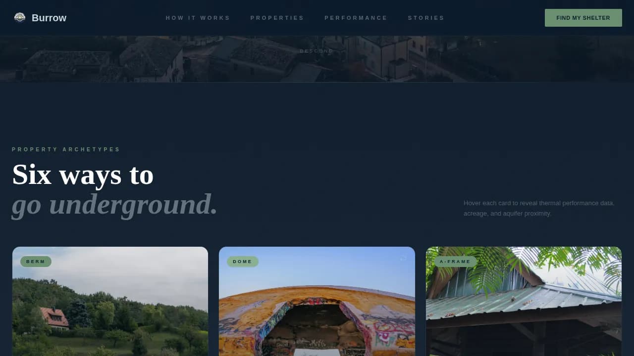 Burrow — Earth-Sheltered Home Buyer's Agent Landing Page Template