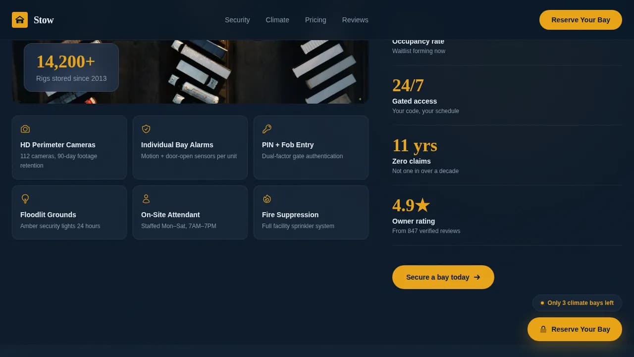Stow - Secure Climate-Controlled RV Storage Landing Page Template