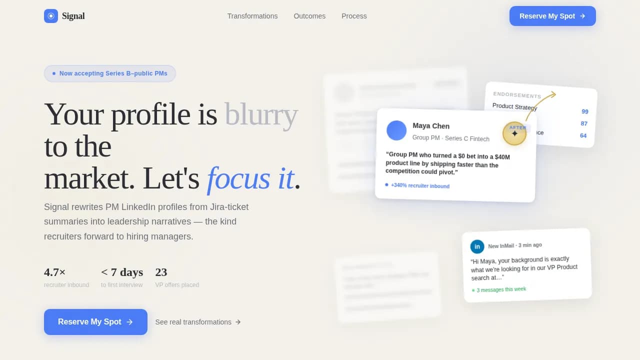 Signal - Lens-Framed Product Manager LinkedIn Optimization Landing Page Template