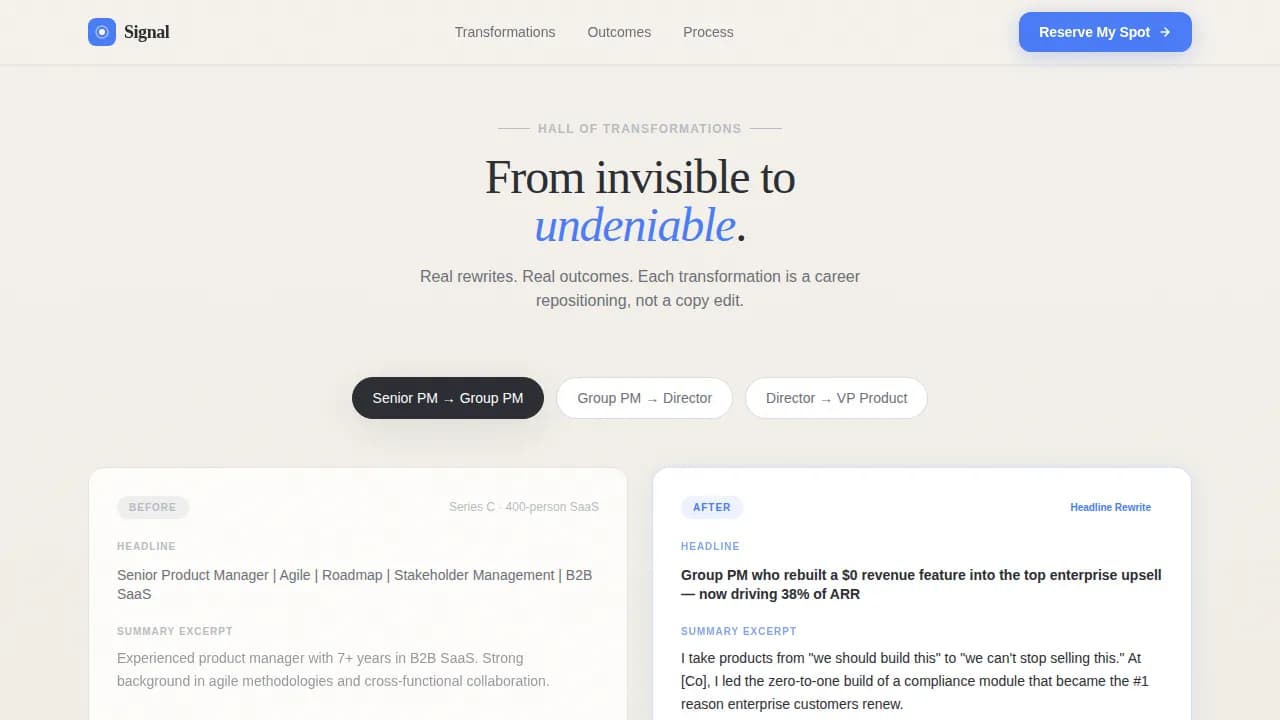 Signal - Lens-Framed Product Manager LinkedIn Optimization Landing Page Template