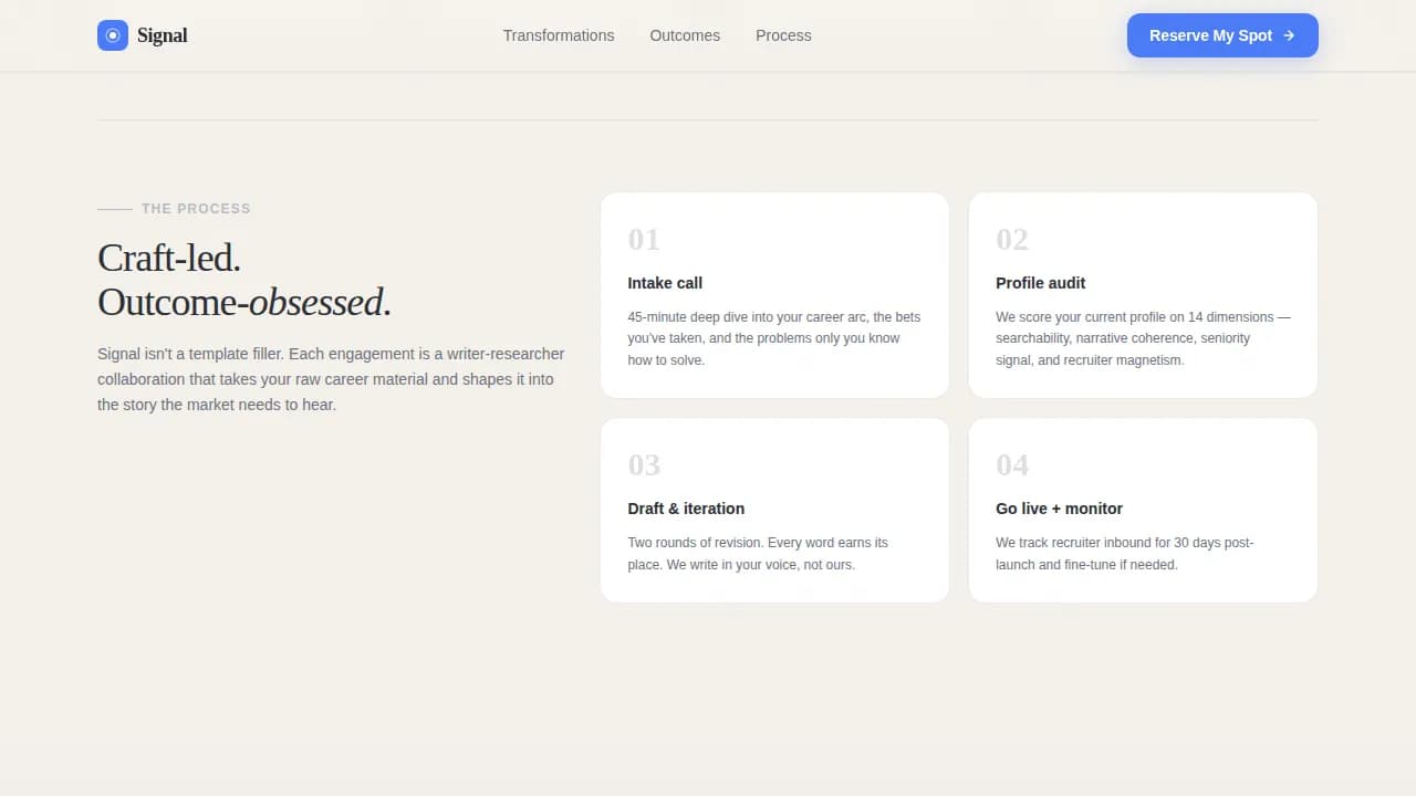 Signal - Lens-Framed Product Manager LinkedIn Optimization Landing Page Template