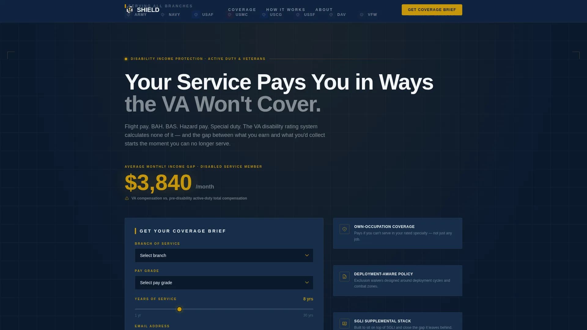 Specialist Military Service Member Insurance Professional Website Template