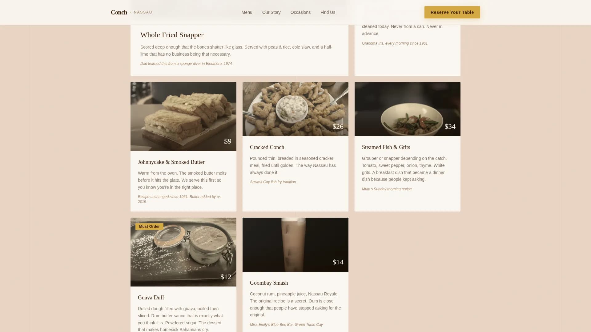 Conch — Premium Bahamian Restaurant Landing Page Template