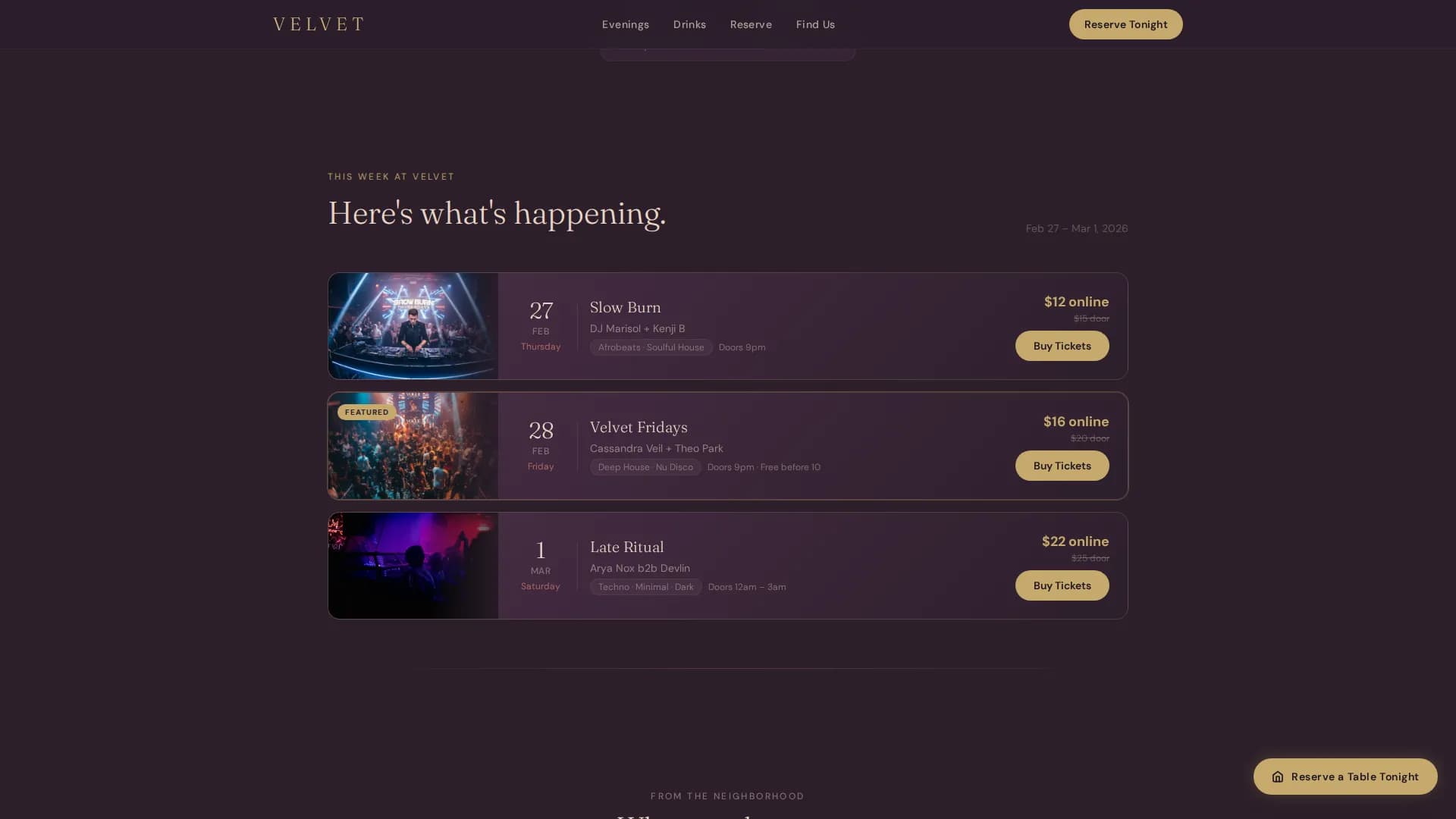 Neighborhood Nightclub & Lounge Reservation Website Template