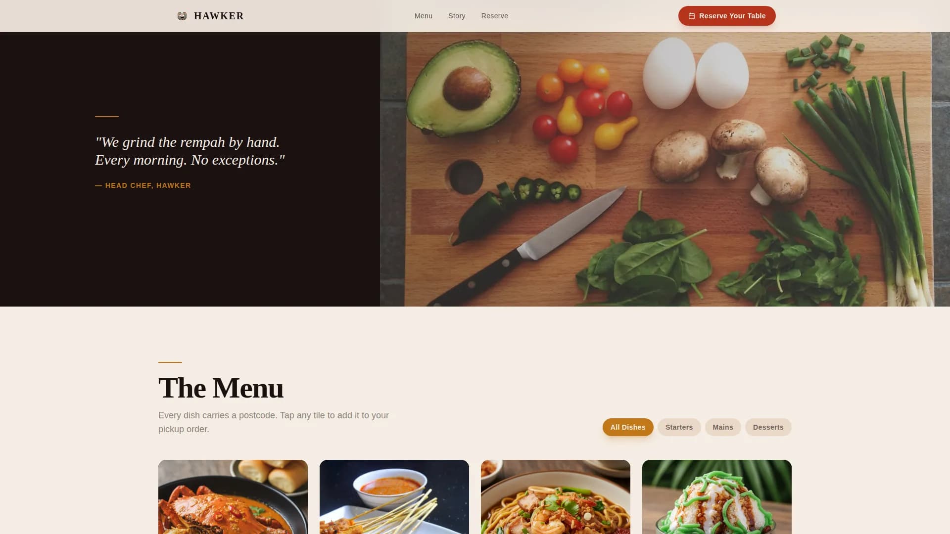 Hawker - Artisan Singaporean Restaurant Landing Page Template