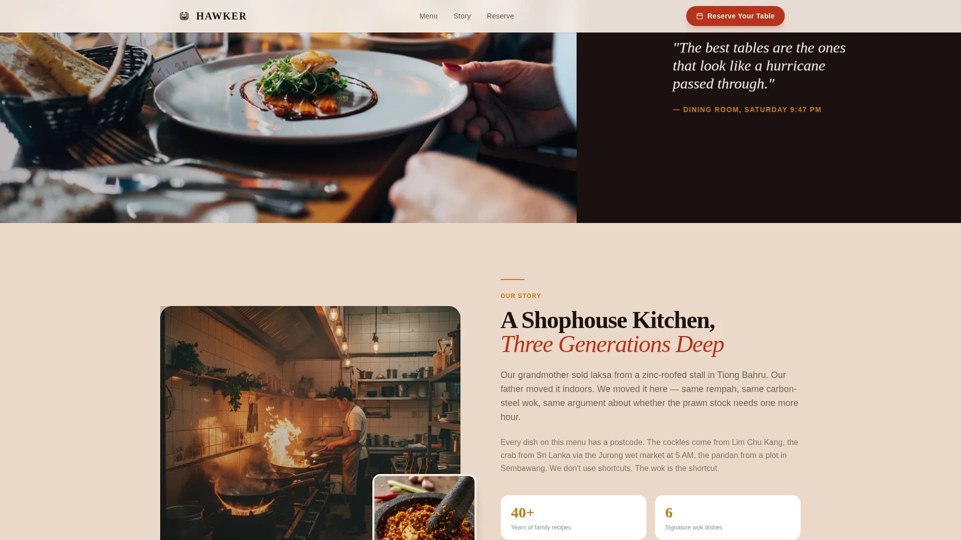 Hawker - Artisan Singaporean Restaurant Landing Page Template