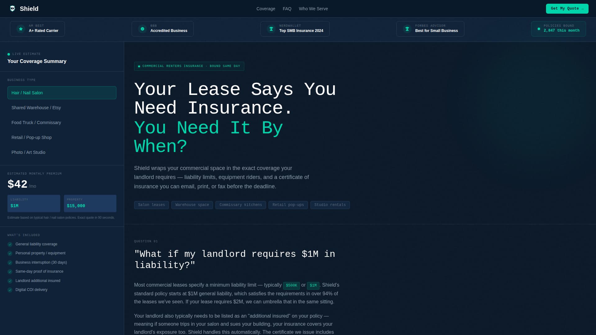 Specialist Small Business Owner Insurance FAQ & Common Questions Website Template