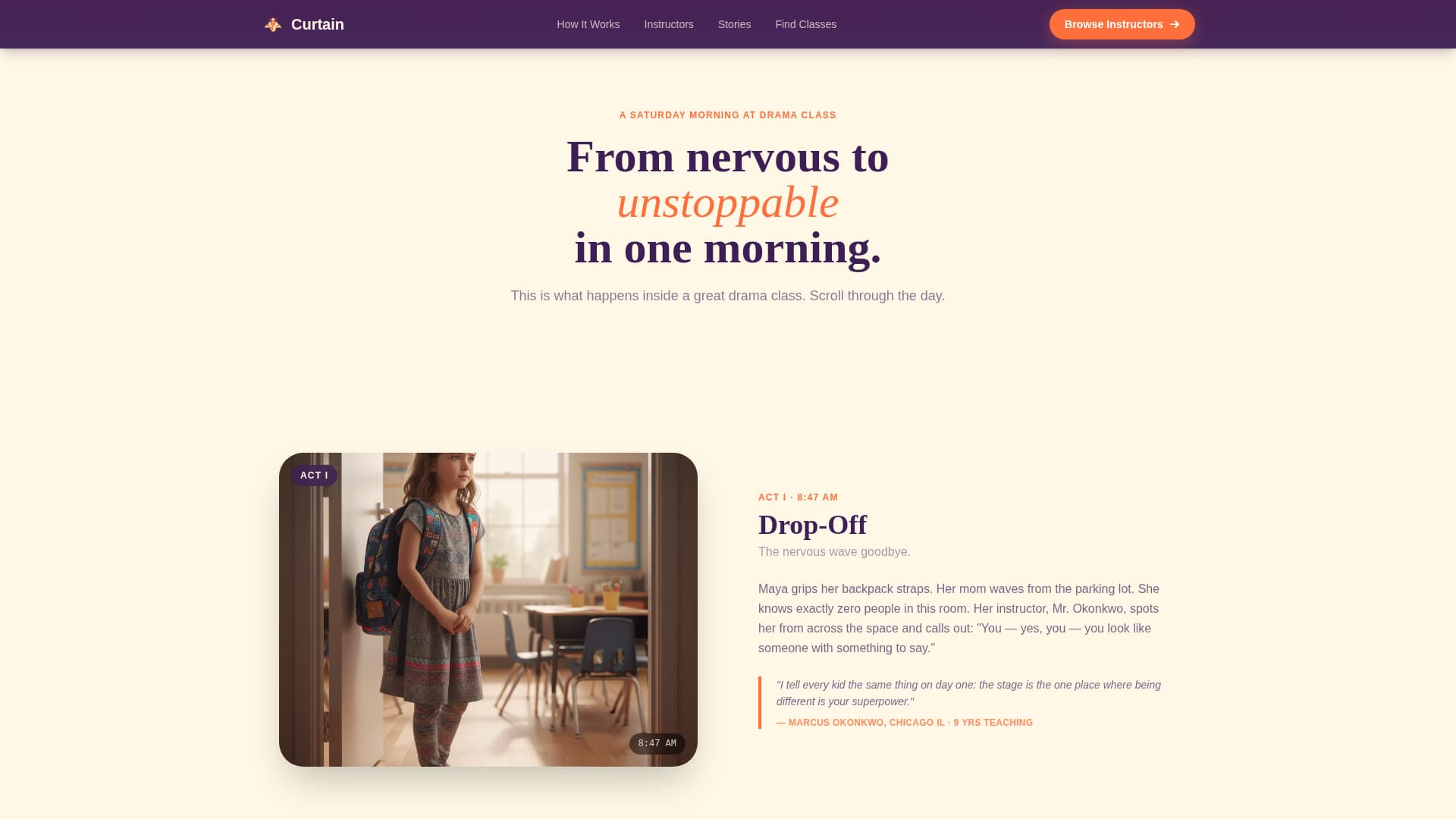 Curtain — Transformative Drama School Landing Page Template