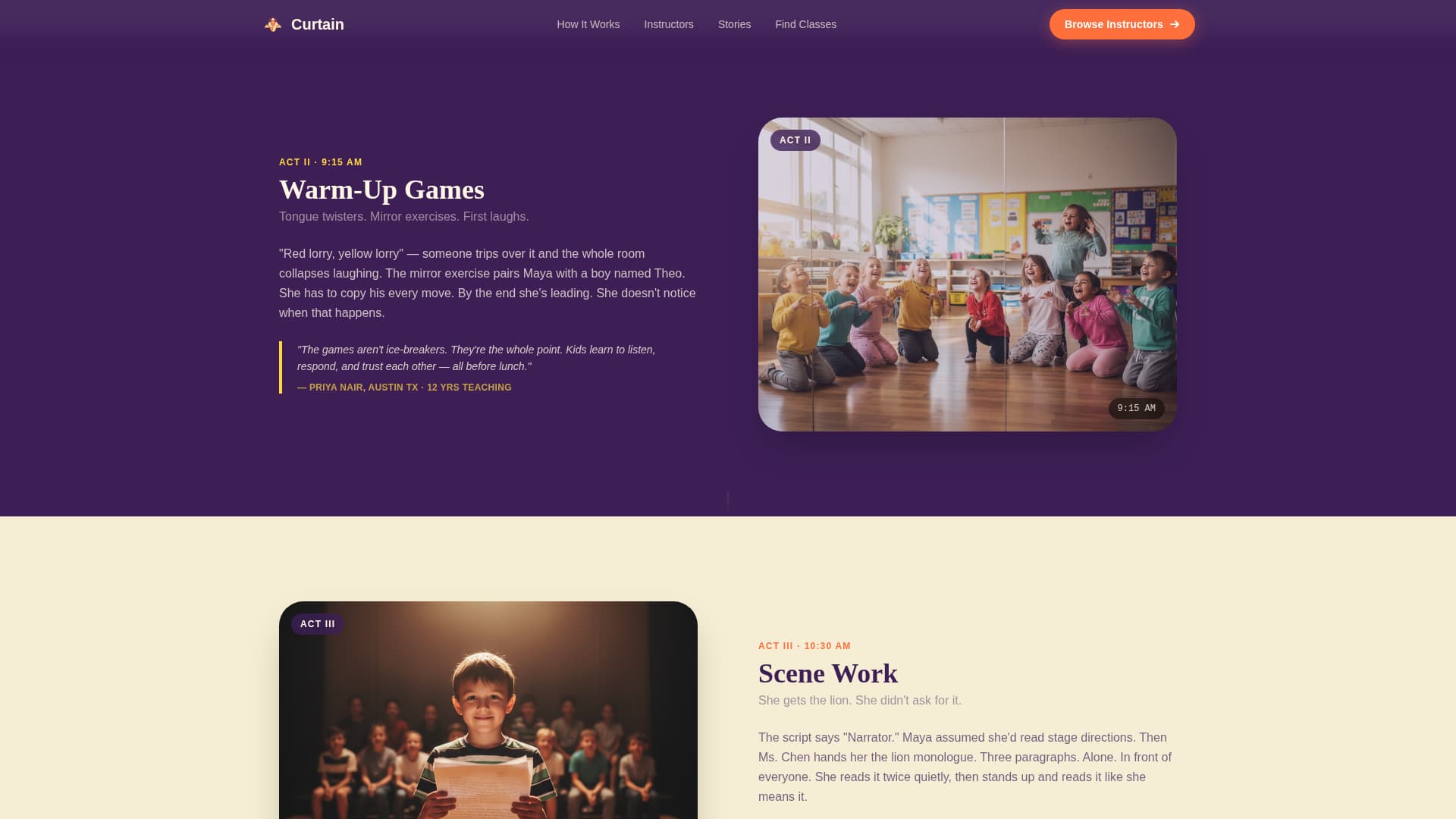 Curtain — Transformative Drama School Landing Page Template