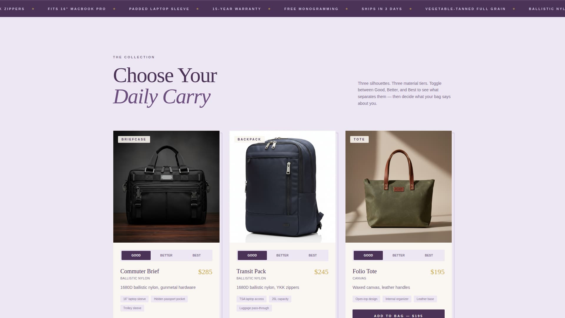Specialist Bag & Luggage Brand Portfolio & Case Study Website Template