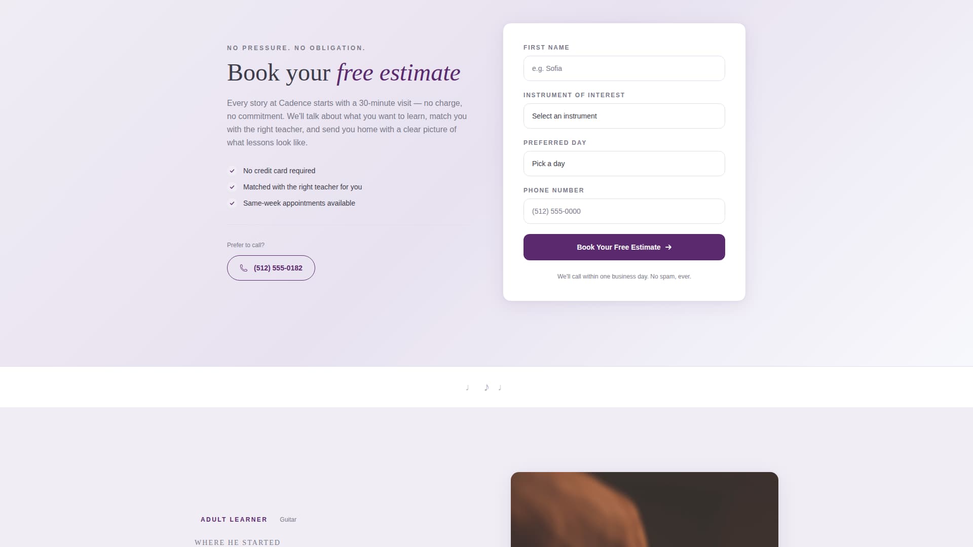Specialist Music School Marketing Appointment Booking Website Template