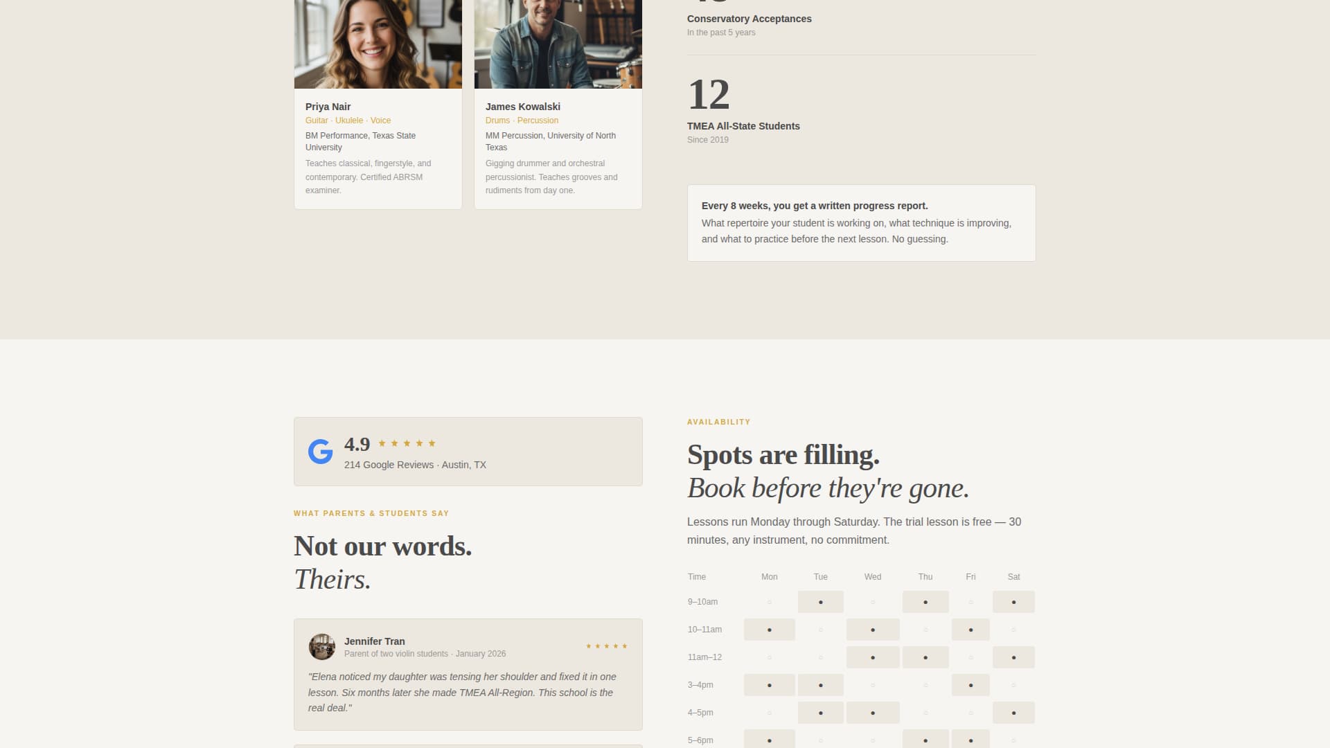 Complete Music School Marketing Appointment Booking Website Template