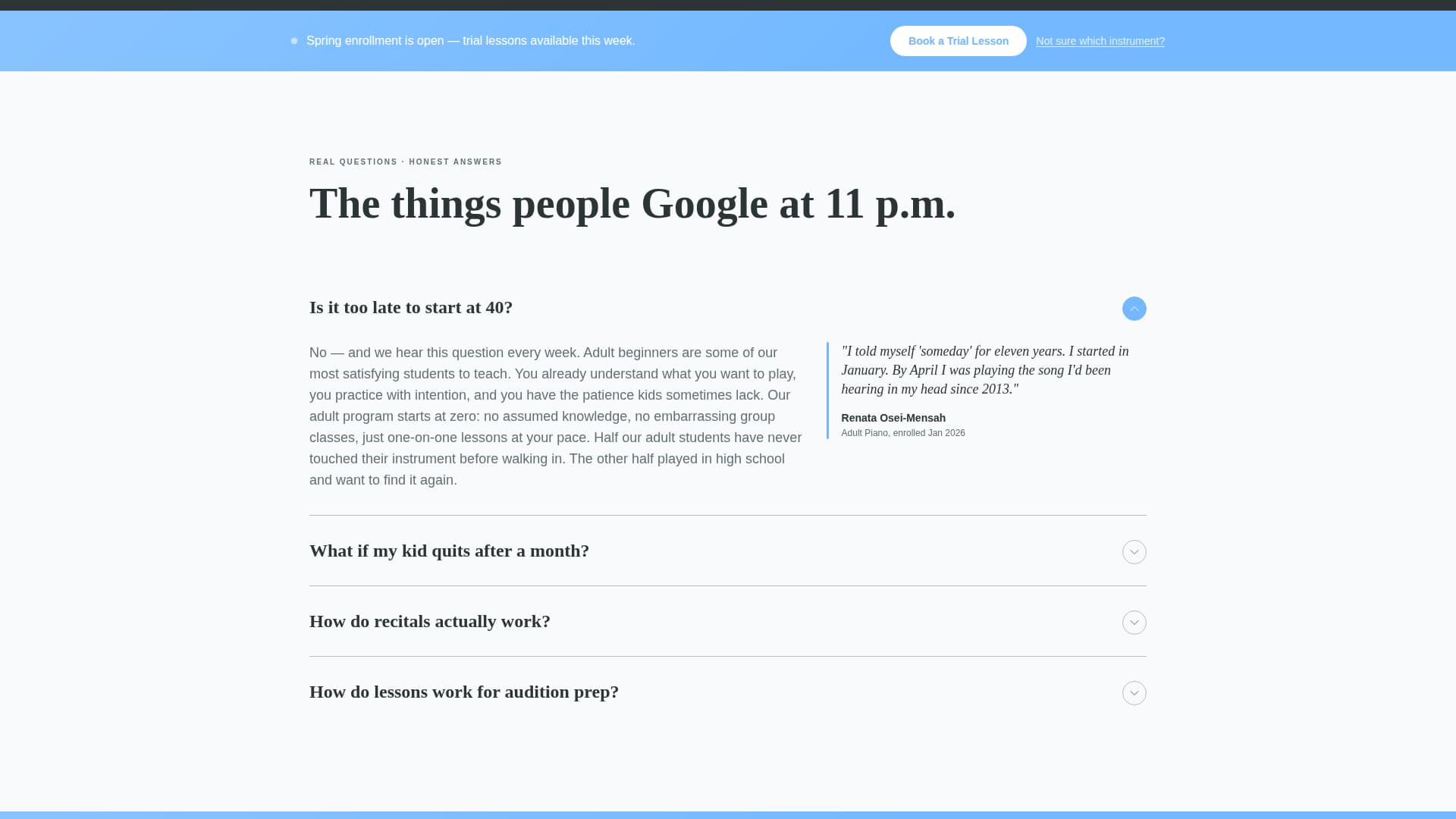 Music School Marketing FAQ & Common Questions Website Template
