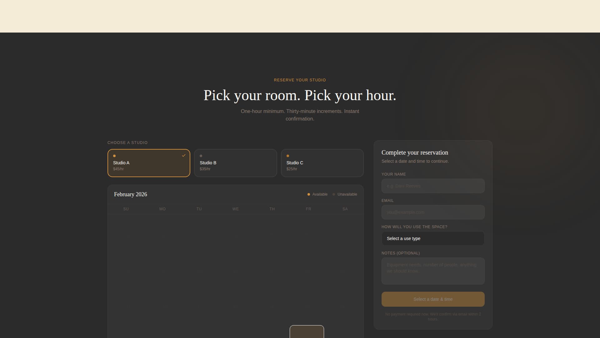 Barre - Immersive Studio Rental Landing Page Template