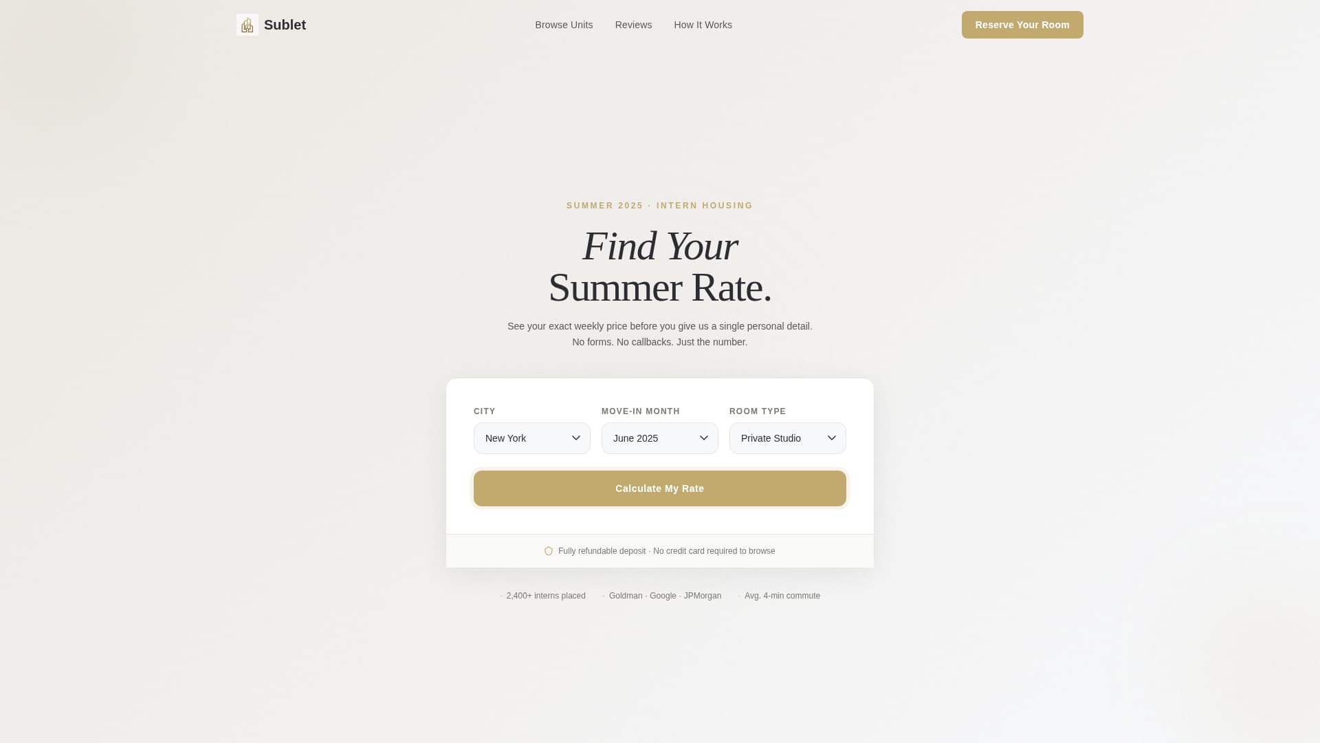 Sublet - Premium Intern Housing Landing Page Template