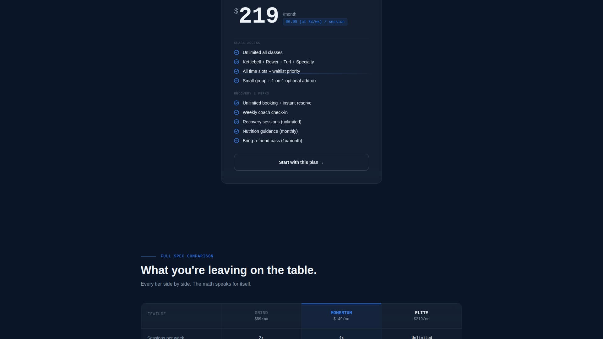 Fitness Studio Specialist Pricing Website Template