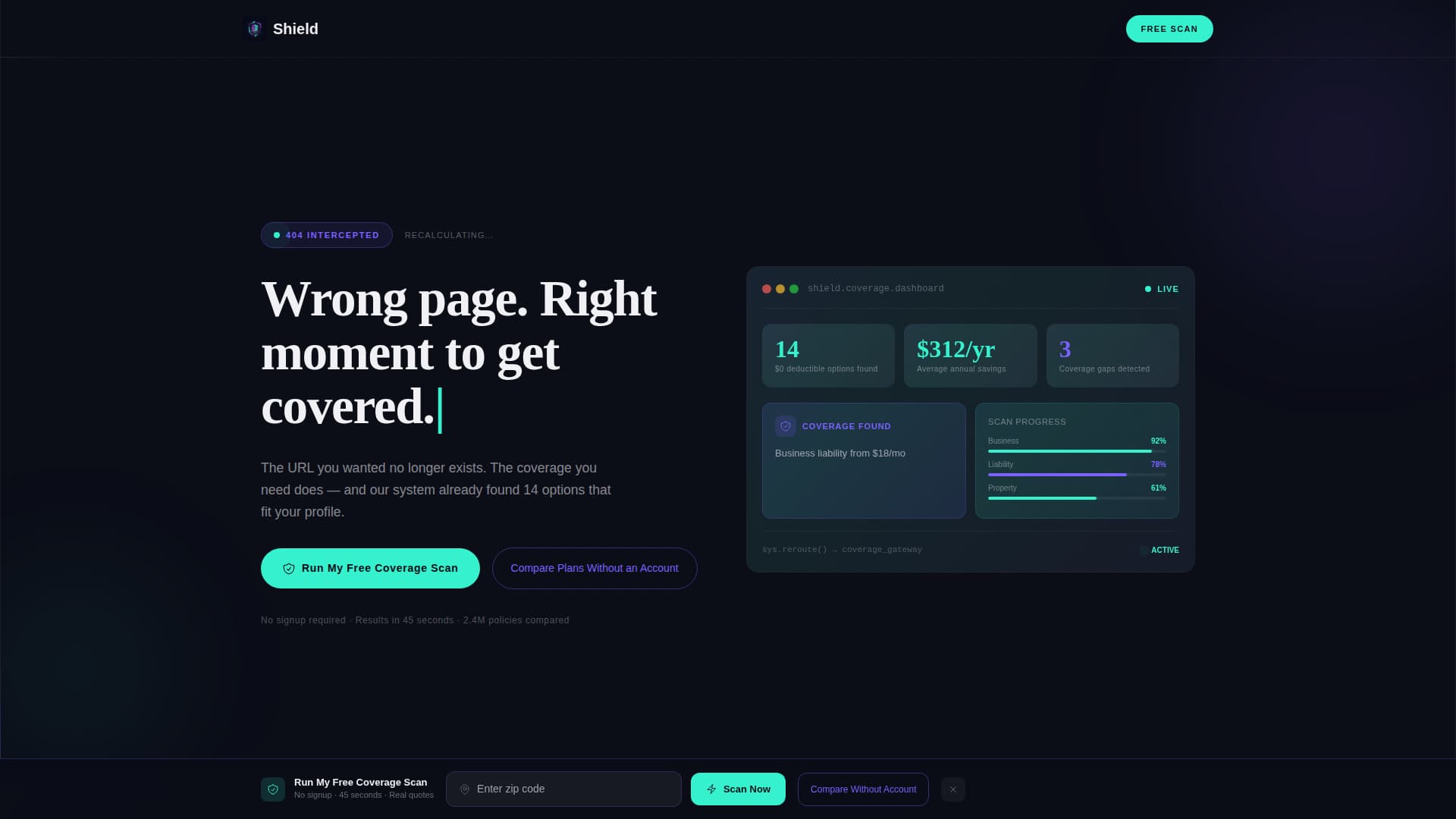 Insurance Agency 404 Error Coverage Recovery Website Template